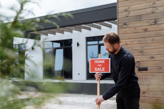 person placing a for sale sign in front of house